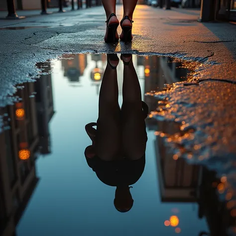 Puddle on the street, a sexy chubby fra is reflected in the puddle