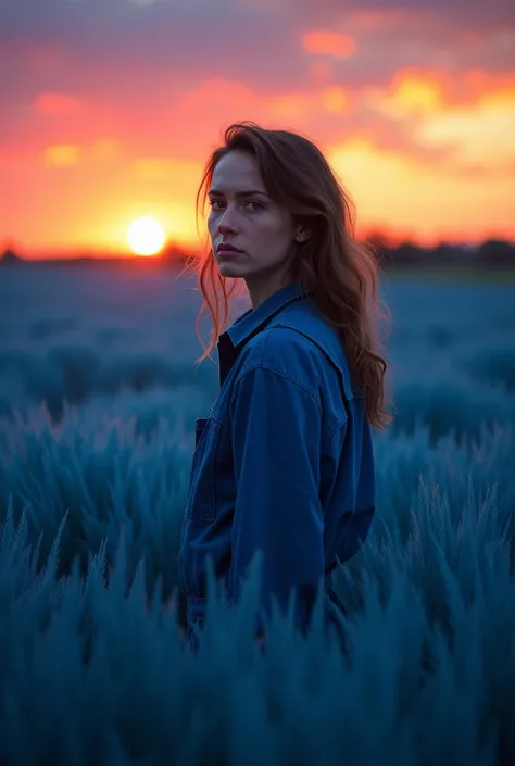 A woman wearing overalls/blue mechanic uniform and posing with a look and pose of concern and confusion in front of a sunset in a field of blue grass, cinematic look, dinner poster.