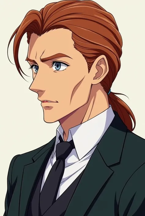 A mature looking man with an impeccably tailored suit, slicked-back long auburn hair in a queue, and delicate features. His face is a mix of beautiful and maturity. Please Generate the image in anime style.