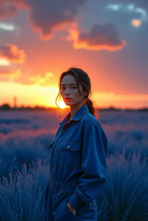 A woman wearing overalls/blue mechanic uniform and posing with a look and pose of concern and confusion in front of a sunset in a field of blue grass, cinematic look, dinner poster.