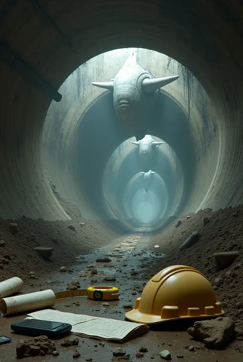 background of a subway tunnel with an apocalyptic atmosphere under construction with wet earth and an alien ship hovering in the air inside the tunnel, on the floor a light beige construction helmet had fallen and a tape measure and some plans rolled up on...