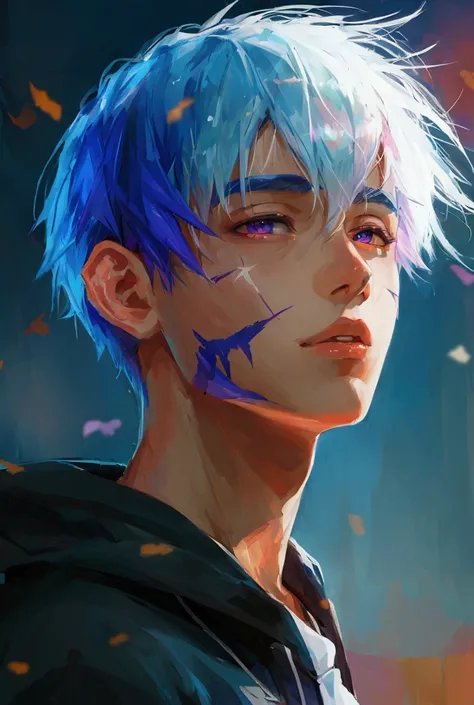 anime, a young man with navy blue hair with purple painted tips, with a cut scar on the right cheek, clear skin