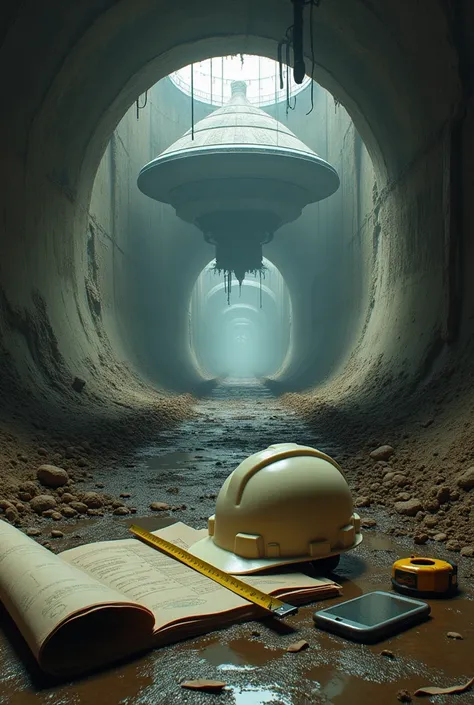 background of a subway tunnel with an apocalyptic atmosphere under construction with wet earth and an alien ship hovering in the air inside the tunnel, on the floor a light beige construction helmet had fallen and a tape measure and some plans rolled up on...