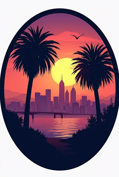 A detailed, epic, and highly realistic logo for a game server titled "Riverton RP", featuring a California skyline and palm tree silhouettes, purple and gold color scheme with a bold black outline, rendered in 8k resolution, circular, png.