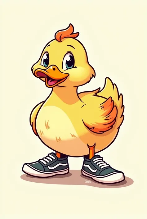 I need you to create a simple drawing of a very cool and cute duck with Vans sneakers. I want the drawing in a linear style.
