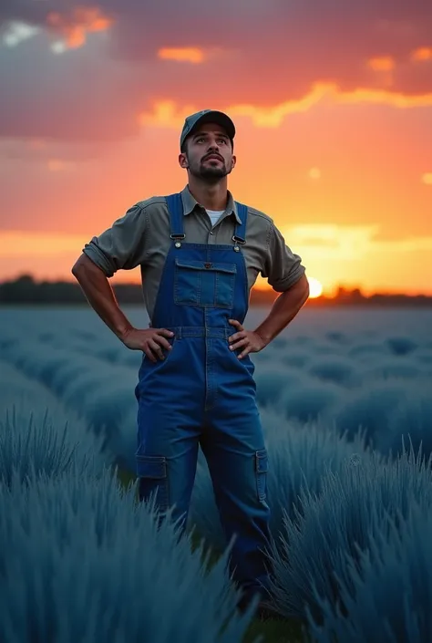 A man wearing overalls/blue mechanic uniform and posing with a look and pose of concern and confusion in front of a sunset in a field of blue grass, cinematic look, dinner poster.