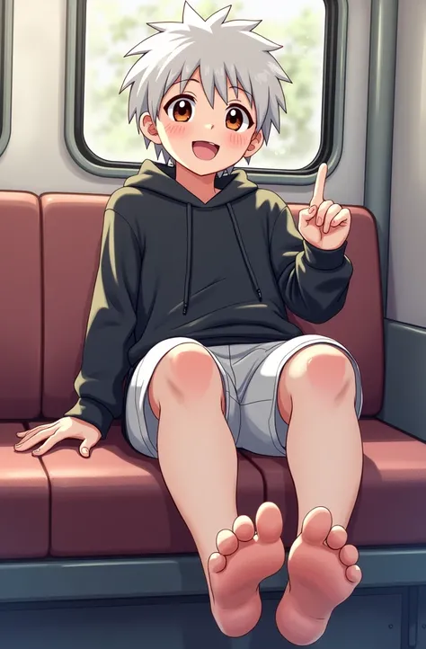 Boy sitting inside the train without shoes showing his sweaty feet, smiling boy white hair tight shorts