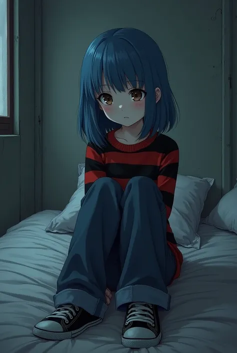 young girl with pale skin and blue long hair without bangs, with brown sad eyes and dark circles under the eyes, dressed in a red and black striped sweater, wide jeans and black sneakers, sitting on a bed against the backdrop of shabby gray walls,anime sty...