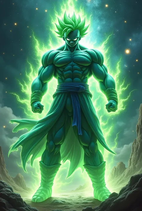 Create a Broly fusion with Dr Manhattan In an epic setting 