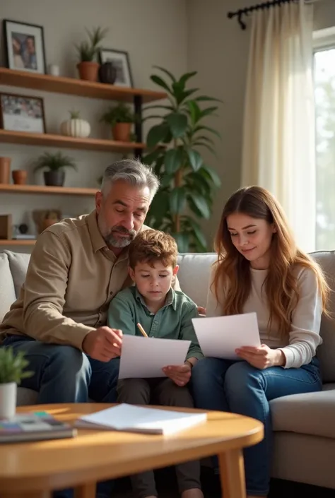 3 people sitting filling out a survey in their living room at home a father, mother and teenager in real life each


