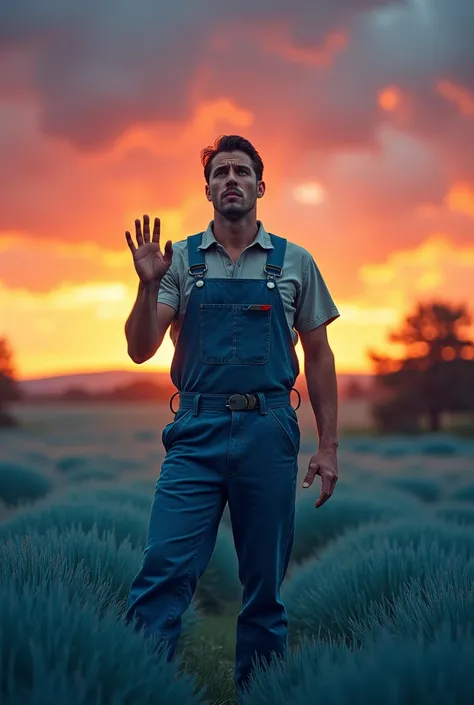 A man wearing overalls/blue mechanic uniform and posing with a look and pose of concern and confusion in front of a sunset in a field of blue grass, cinematic look, dinner poster.