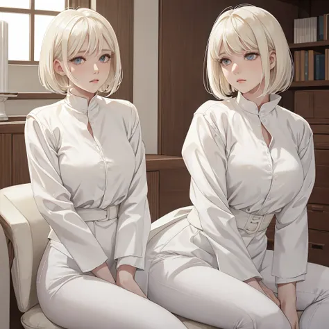 blonde woman in white shirt and white pants sitting on a white surface, white bangs, white hime cut hairstyle, with short hair, ...