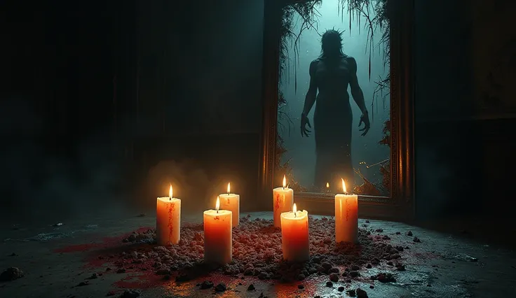 Sweet candles blown out, surrounded by ashes and blood, in a dark room. The mirror in the background is broken, and in one of the broken fragments, a demonic figure is glimpsed.