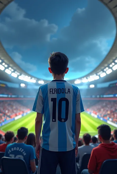 A 20 Years old boy is watching Argentina football match on stadium . The boys name is A L I F and jersey number 10 is written on the jesrey.