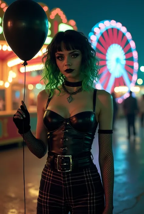 Asian young woman, ((best quality:1.4) (photorealistic:1.3) (masterpiece)
(a Goth girl with medium-length curly hair dyed half black and half neon green. Wearing a corset-style black leather top, fishnet gloves, and high-waisted plaid pants. Standing in fr...