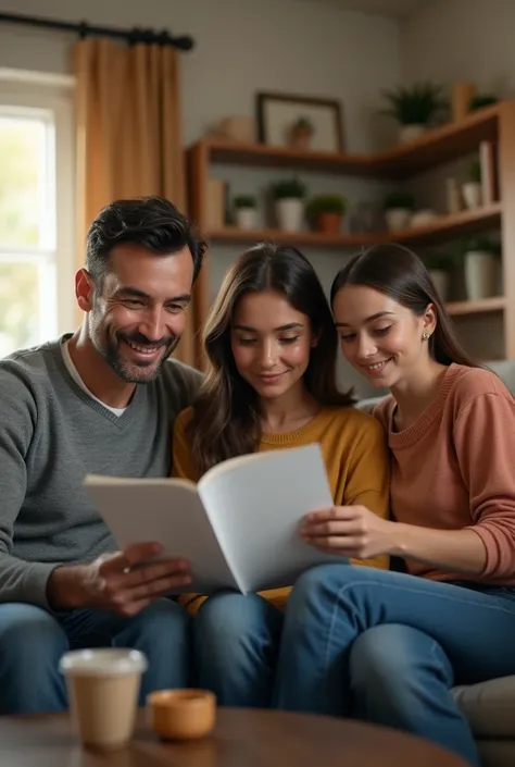 3 people sitting filling out a survey in their living room at home a father, mother and teenager in real life each one is very real



