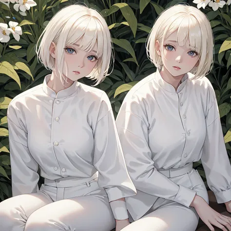 blonde woman in white shirt and white pants sitting on a white surface, white bangs, white hime cut hairstyle, with short hair, ...