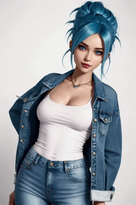 Create a highly realistic and stunning female character inspired by Bulma from Dragon Ball, but modernized for a social media influencer look. She should have striking blue hair, styled in a fashionable and trendy way, with bright, captivating blue eyes. H...