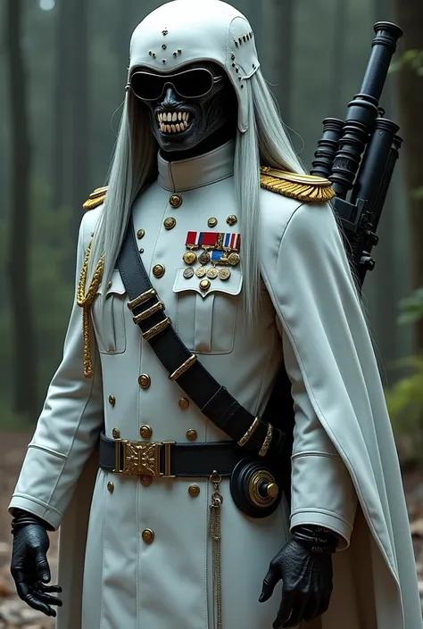 Let&#39;s make a scary alien. In the same style as the Predator from the famous film series.
He is a general, black skin, long white hair, vampire teeth coming down from mouth. He wears a white navy uniform covered in medals.. And a pair of dark glasses th...