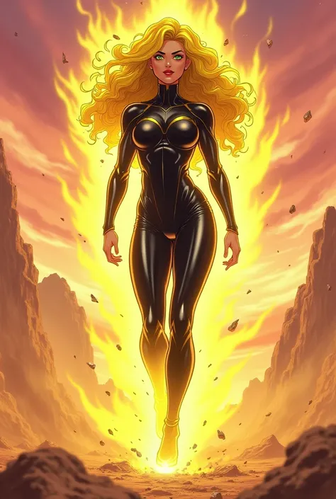 Imagine a 2 woman with bright yellow curly hair, intense green eyes and eyebrows the same color as her hair. She is surrounded by a vibrant and intense yellow aura, that illuminates and highlights your figure.

She wears a tight, shiny black outfit, that e...