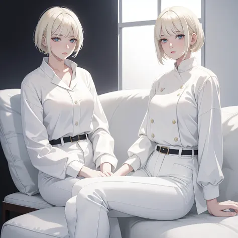 blonde woman in white shirt and white pants sitting on a white surface, white bangs, white hime cut hairstyle, with short hair, ...