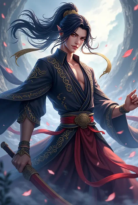 Draw the character erlang shen from the game black myth wukong in an anime art style.