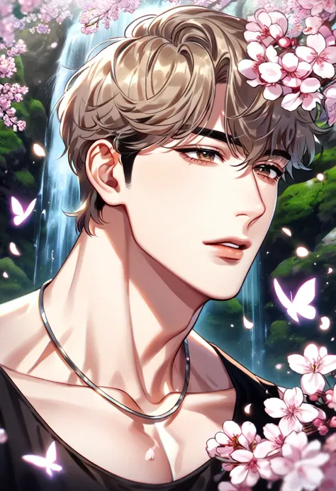 absurdres, highres, ultra detailed, HDR, master piece, best quality, detailed eyes, delicated features, Manhwa Style, Seong JoHan, light-brown hair, hair styled into a brown mullet, expressive brown eyes, Lookism, solo, sexy man, handsome, sensual, adult f...