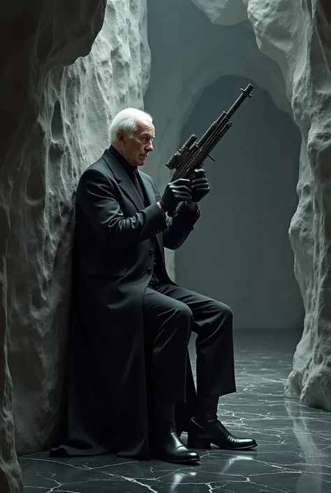 white haired Michael Gough wearing a black butler suit polishing a rocket launcher inside a grey cave black marble floor 