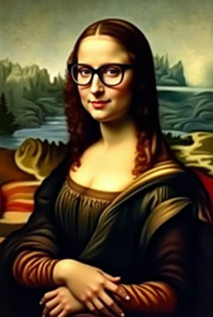 Woman monaliza art drawn by leonardo davincii، wearing study glasses and looking beautiful