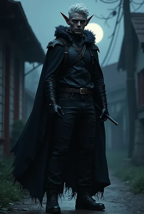 (photorealism:1.2), dnd dark elf with short   white curly hair,  59, 140ibs, black cloak, ripped baggy black jeans, steel toed black boots, steel mask, blue and gray eyes, standing, during the night