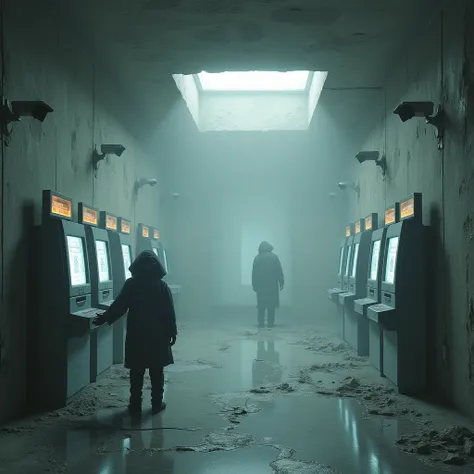 A liminal bank with white lights and atms with technology and cameras and grey old concrete in different dimensions with a shadow goblin thats playing a audio interface in the distance 