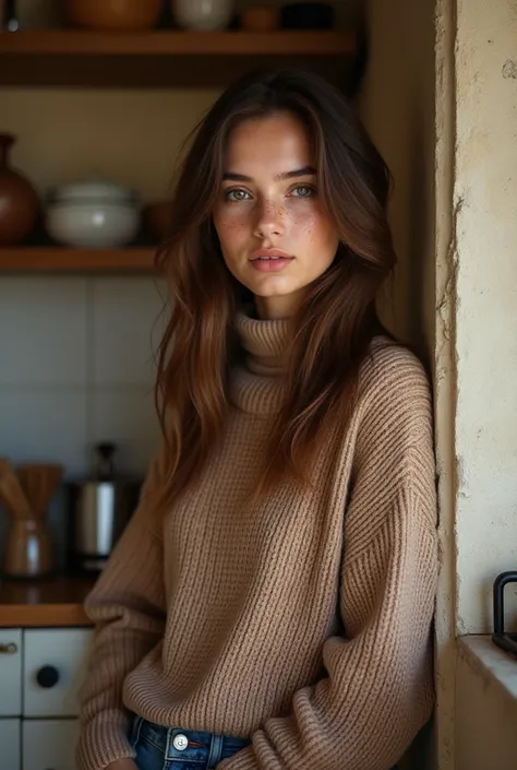 Hungarian 30-year-old girl in sweater best quality with freckles brown hair wide mouth attractive gaze full body picture leaning on the kitchen counter in framer pants