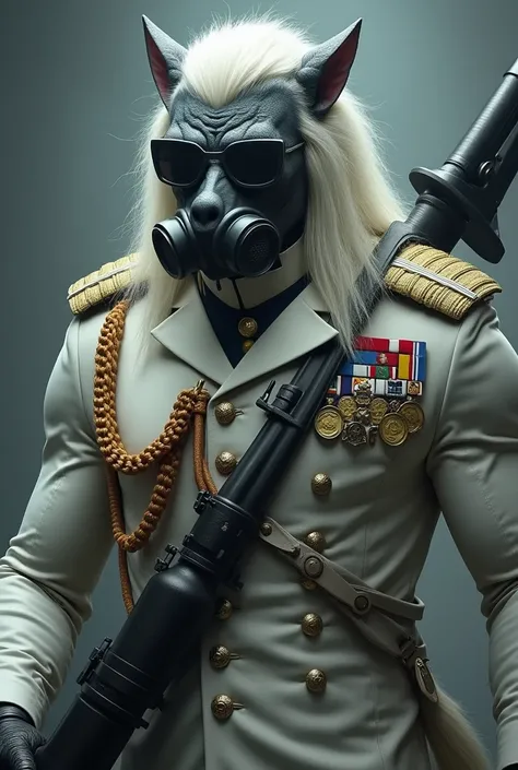 Let&#39;s make a scary alien. Wolf-like face.
He is a general, black skin, long white hair, vampire teeth coming down from mouth. He wears a white navy uniform covered in medals.. And a pair of dark glasses that only cover the eyes. He is strong 3 meters t...