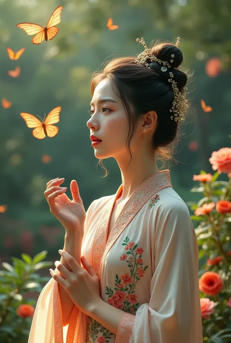 A Qing Dynasty woman wearing a cheongsam is looking at butterflies