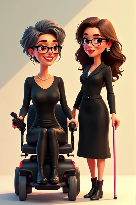 Pixar animation two women with black glasses, black clothes and black boots, pearl earrings.
5 woman with very short wavy dark brown hair with gray strands, light brown eyes, pink lipstick, sitting in the motorized wheelchair.
Second woman 3 with long brow...