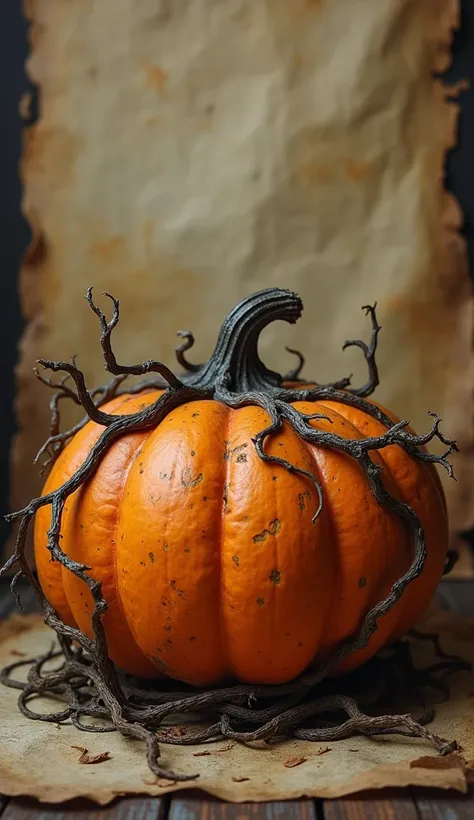 A faded orange pumpkin lantern with rustic vines, set against a distressed parchment background, glowing faintly with eerie charm, giving a worn-out yet magical vintage vibe.