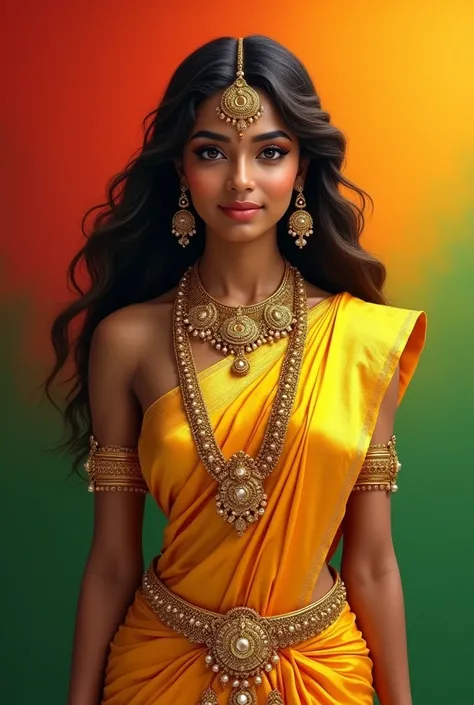 A full front view full body portrait of a extremely beautiful, Light Brown tan bodied, young GRACEFUL Tamil Hindu female Goddess Abirami, photo realistic, slightly smiling, evoking symbolic metaphors, head in focus, extra detailed master piece, body full o...