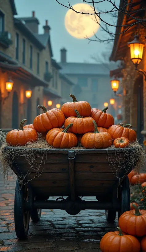 A weathered wooden cart filled with vintage pumpkins, draped with spider webs, in an old town square lit by flickering lanterns and a haunting full moon.