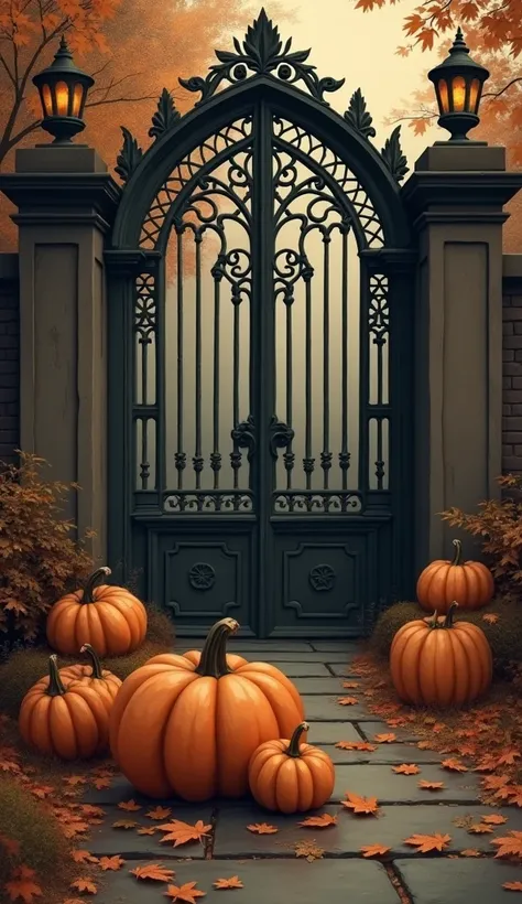 A group of pumpkins painted in muted shades of brown and gold, arranged in front of a vintage, Gothic-style gate, the scene subtly lit by the soft glow of distant lanterns.