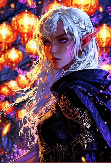 white-haired girl, Elf, assassin, Black clothes, cloak, purple eyes, long hair with bangs, medium length ears, elven hunting vulgar clothing, concept design, fantasy