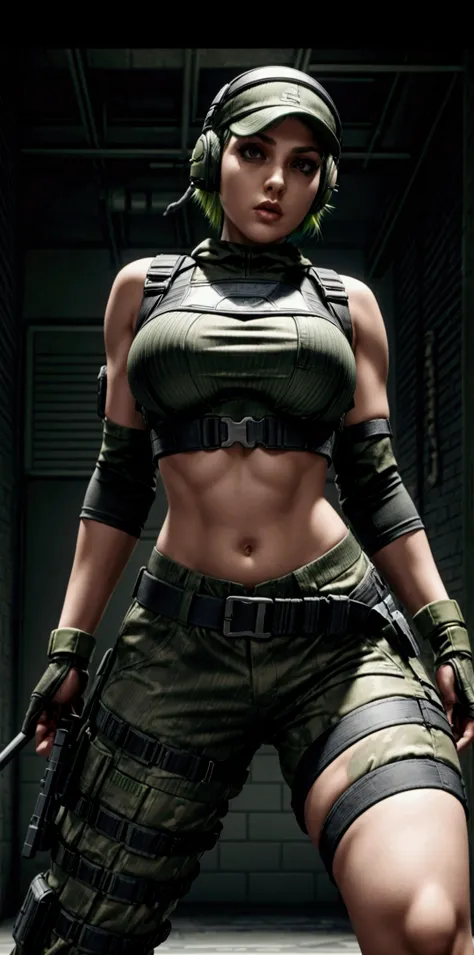 ela rainbow six siege, green short hair, cap, tactical headphones, belts, straps, tight black cloth, sexy pose, thin narrow waist, big sexy breasts, yoga military microshorts, googles, tactical gloves, headset, shirt