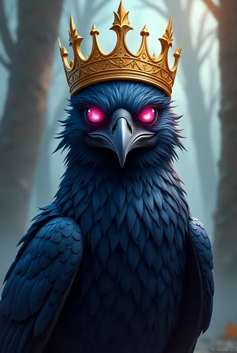 Crow Bird His eye is completely pink He wears a golden crown on his head RPG animal ally 2D drawing