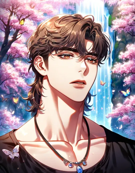 absurdres, highres, ultra detailed, HDR, master piece, best quality, detailed eyes, delicated features, Manhwa Style, Seung EunHan, light-brown hair, hair styled into a brown mullet, his hair covers the left eye, brown eyebrows, expressive brown eyes, Look...