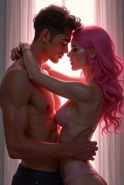 young woman, pink hair, completely naked, rubs her butt against a man, she&#39;s all flowing, excited, Passionate, beautiful, Attractive, sexy, slim. 