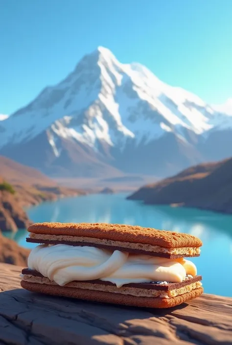 An image with the illimani in the background and an ice cream sandwich in front