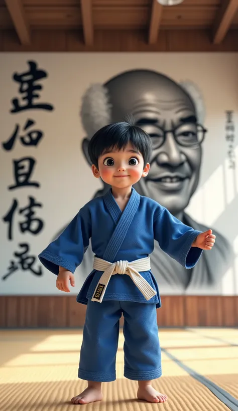 Judo Club Advertisement. boy . white boy. Dressed in a blue gi for Judo fighting, white belt. black hair, big black eyes, boy smiles. Against the backdrop of a large spacious hall with large windows, on the tatami floor for wrestling. On the wall there is ...