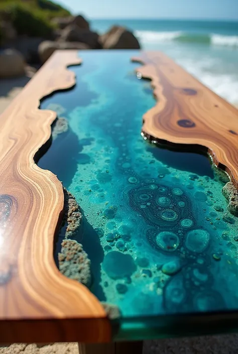 Generate an extraordinary epoxy resin and wood cookie table with an ocean effect