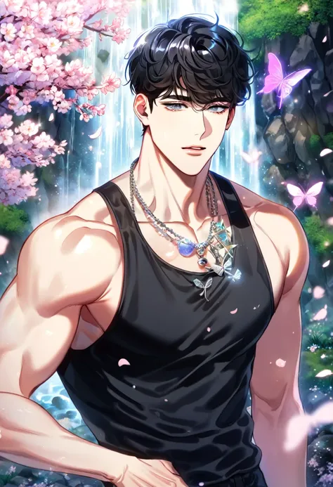 absurdres, highres, ultra detailed, HDR, master piece, best quality, detailed eyes, delicated features, Manhwa Style, Jang Hyun, black hair, with bangs, expressive gray eyes, Lookism, solo, sexy man, handsome, sensual, adult face, black tank top, necklace,...