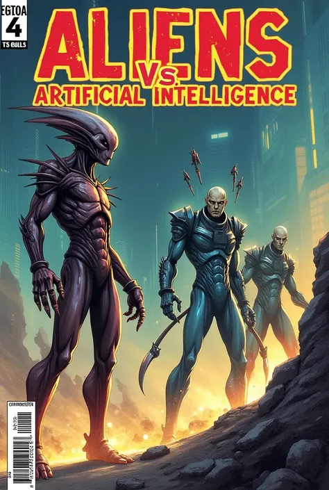 Generate a comic book cover about the invasion of artificial intelligence vs super gifted aliens, make it a comic book cover with its title aliens vs artificial intelligence 

