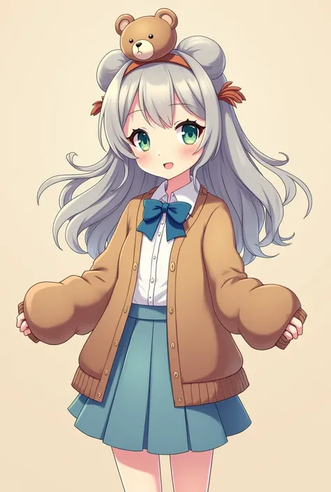 Pretty girl, Teddy bear headband,Brown cardigan, 연Brown cardigan , Sky blue skirt point light brown, Ribbon sky blue, Ribbon Point Light Brown, white shirt, uniform, Wind, beige, long hair, Gray hair, wave hair, Web toon, school, character,Contributing, We...